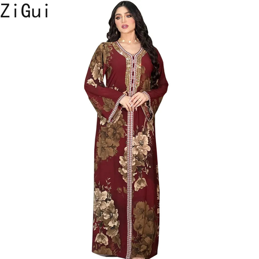 Zigui Dubai Dresses Luxury Arabic Red Long Sleeve Flower